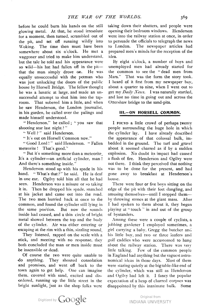 This image is a facsimile of page 369 of the first installment of The War of the Worlds as it was published in Pearson’s Magazine in April of 1897. 