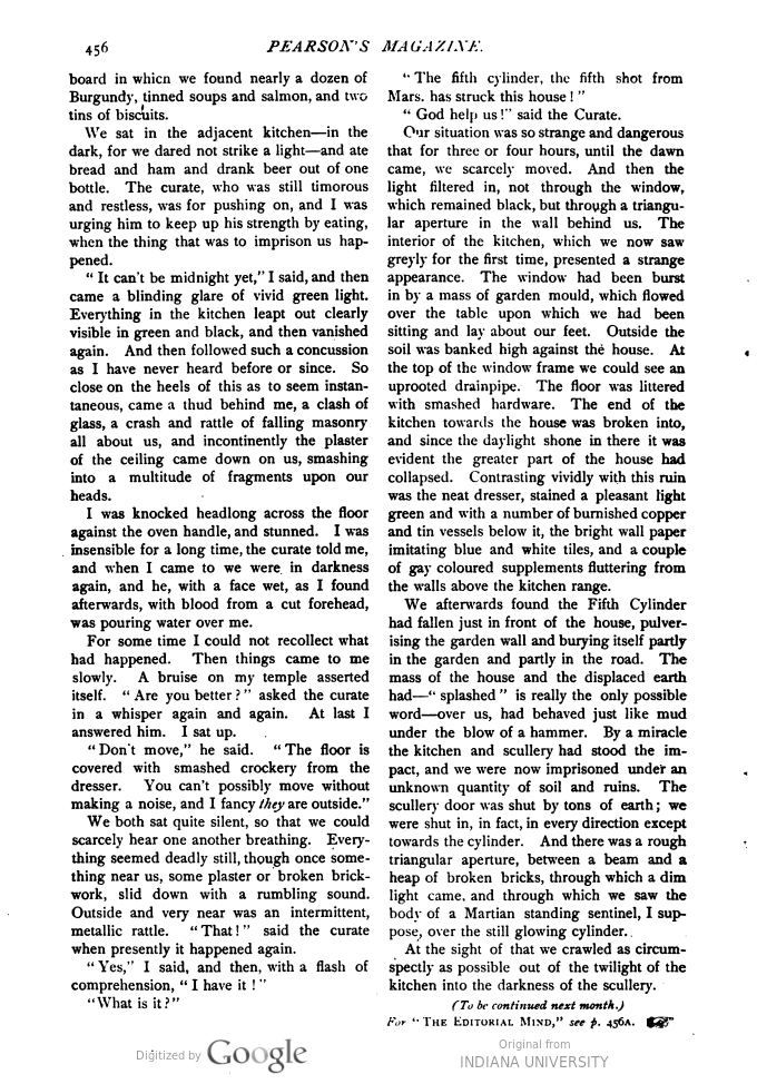 This image is a facsimile of page 456 of the seventh installment of The War of the Worlds as it was published in Pearson’s Magazine in October of 1897.