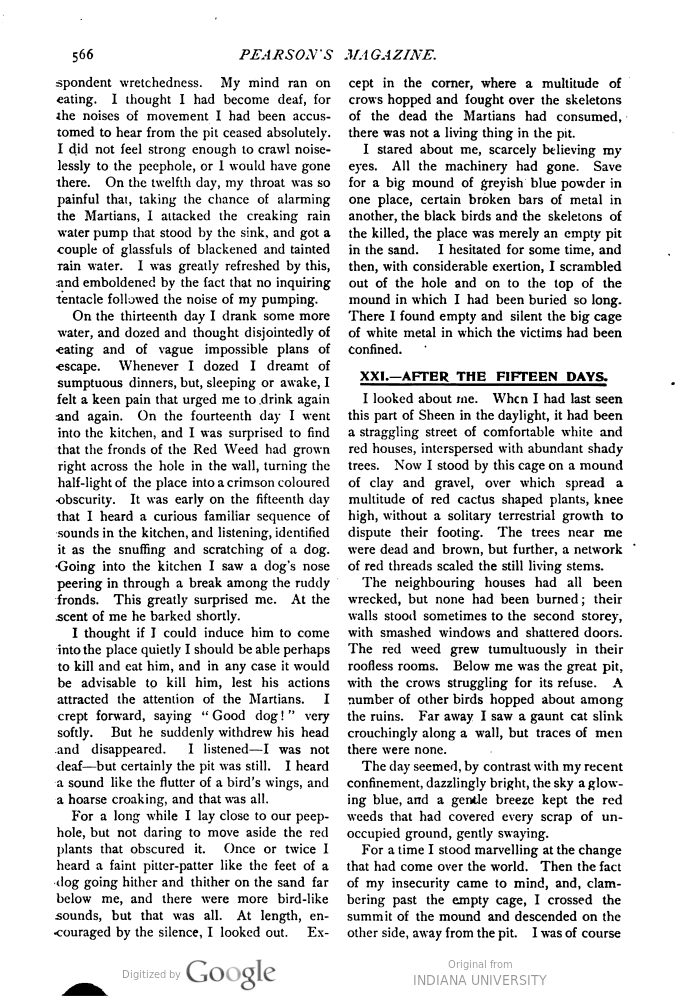 This image is a facsimile of page 566 of the eighth installment of The War of the Worlds as it was published in Pearson’s Magazine in November of 1897.