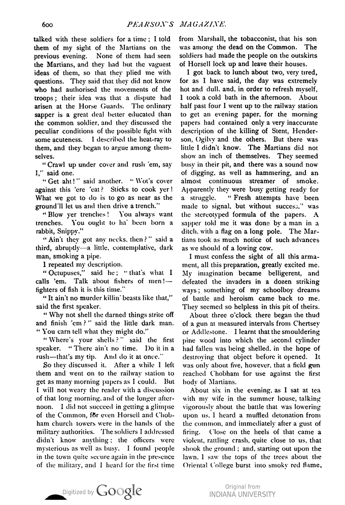 This image is a facsimile of page 600 of the third installment of The War of the Worlds as it was published in Pearson’s Magazine in June of 1897.