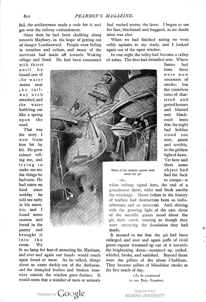 This image is a facsimile of page 610 of the third installment of The War of the Worlds as it was published in Pearson’s Magazine in June of 1897.
